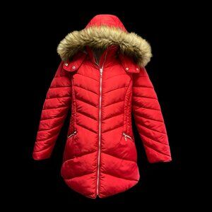 Red Puffer Coat w/ Faux Fur Hood